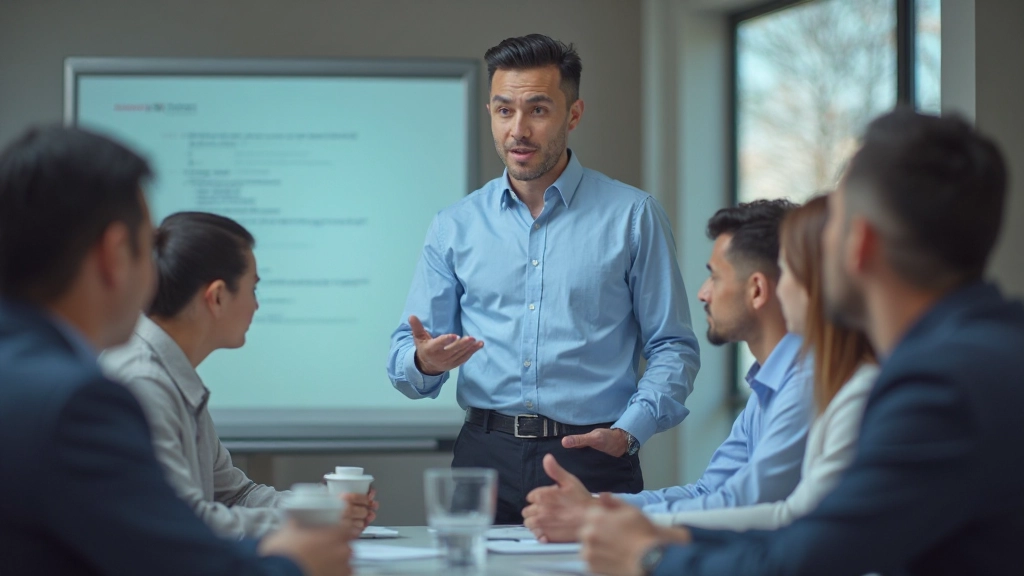 Профессионал на тренинге проходит обучение в современном учебном центре с ноутбуком и материалами