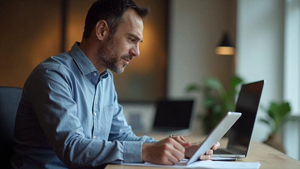 Профессионал читает электронный курс на планшете в офисе